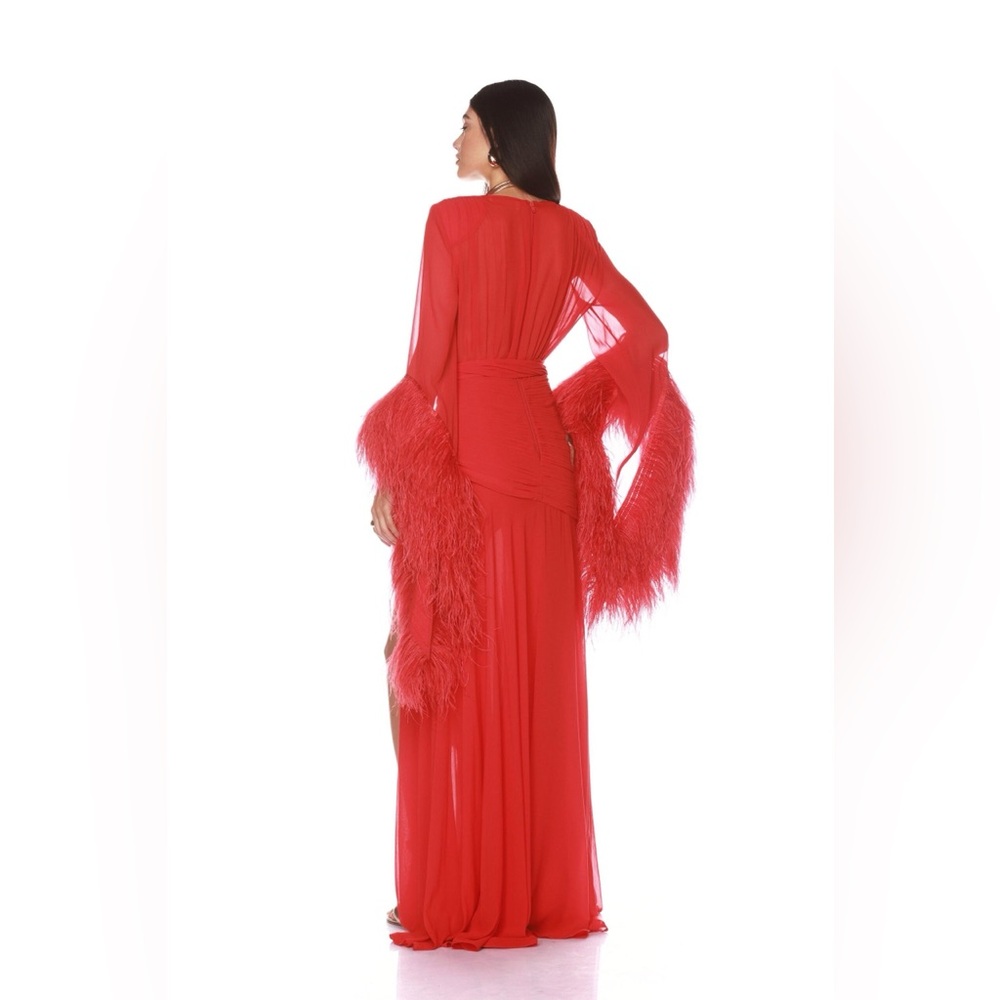 Bronx & Banco Geisha Ostrich Feather Trimmed Plunge High Slit Wrap Gown M NWOT - Picture 9 of 16
